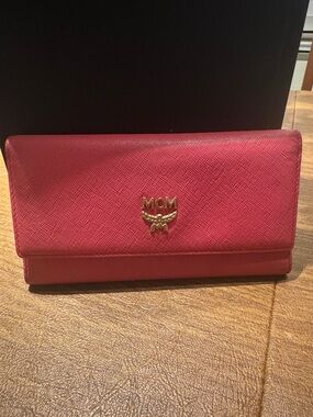 MCM Pink Leather Continental Wallet with Gold Emblem